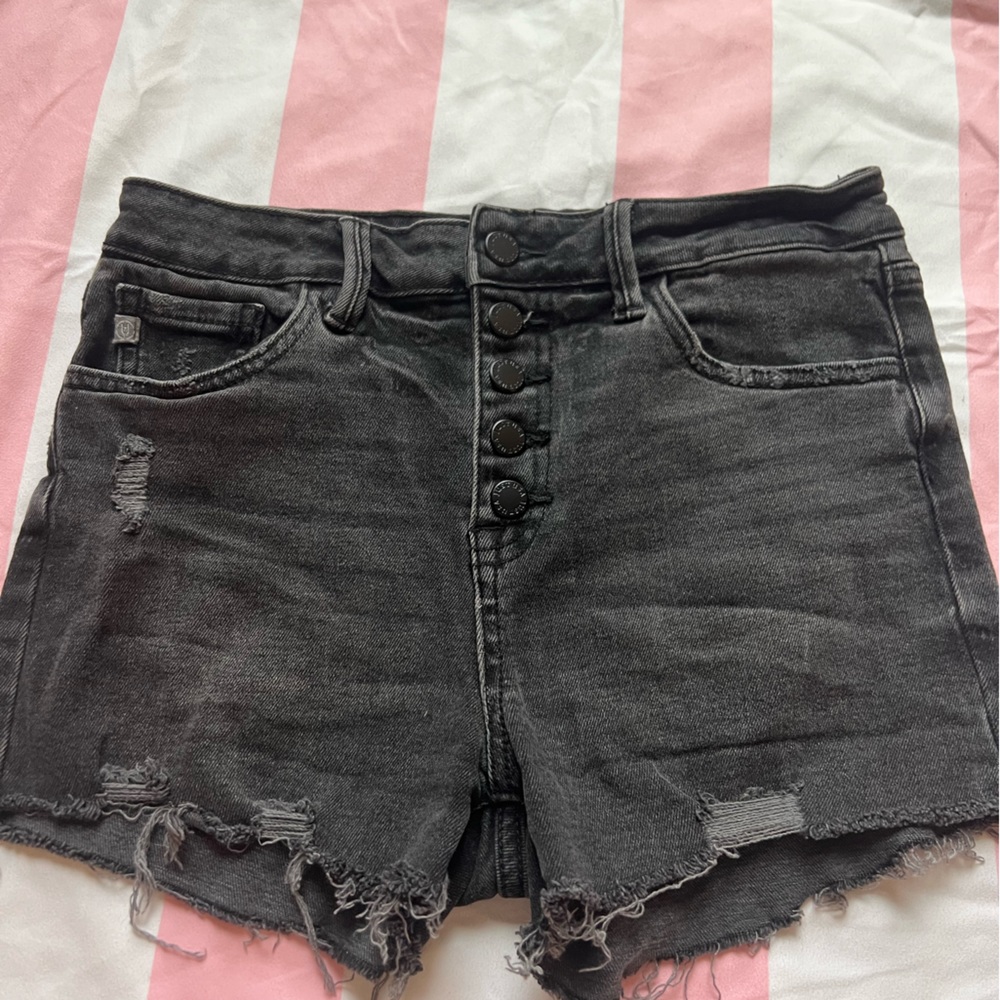 JUST BECAUSE- Destresssd Dark grey denim shorts